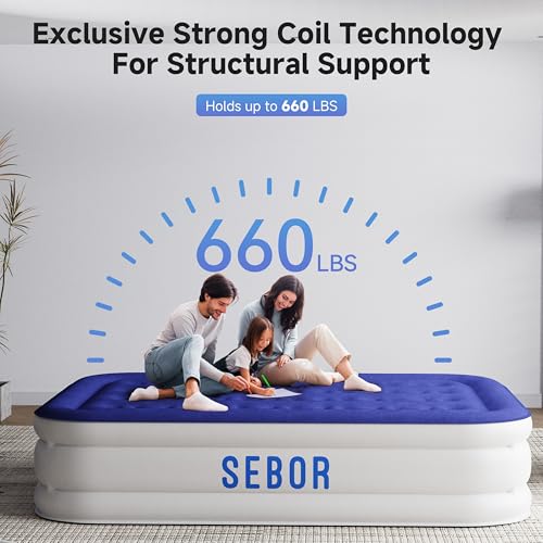 Blue Queen Air Mattress with Built-In Pump, Self-Inflating, Durable, Portable Camping Bed
