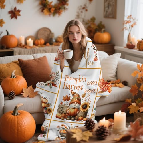 yuboo Thanksgiving Pumpkin Gnome Throw Blanket, 50"x60" Orange White Autumn Harvest Suflower Blankets and Throws for Couch, Fall Themed Farmhouse Home Decor Gifts