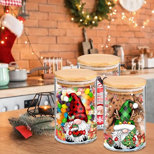 Green-Red Gnome Christmas Glass Storage Jars 20oz with Airtight Bamboo Lids, Set of 3