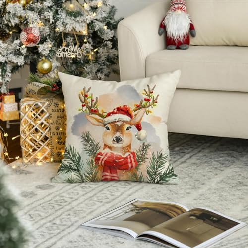 White 20x20 Inch Christmas Reindeer Pillow Cover - Farmhouse Holiday Decor