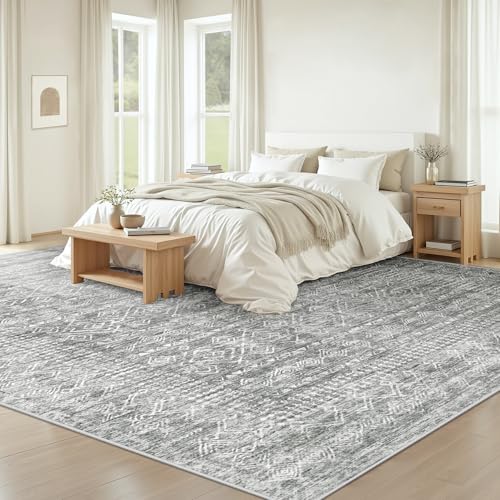 Grey 8x10 Washable Moroccan Boho Rug - Non-Slip Stain-Resistant Living Room Carpet
