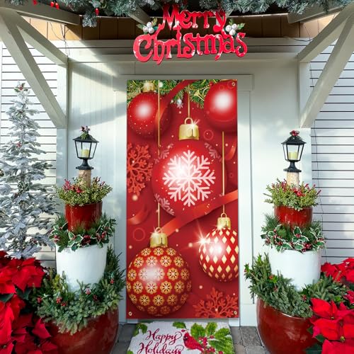 Christmas Door Cover Merry Christmas Ornament Ball, Christmas Backdrop Background Banner Outdoor Sign Front Yard Door Walls Home Party Supplies Christmas Party Decor Supplies (35.5"x71")