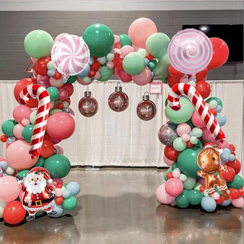 Togvu Christmas Balloon Garland Kit - Red Pink Green Candy Cane Foil Balloons, 128 Latex Balloons & 6 Foil Balloons
