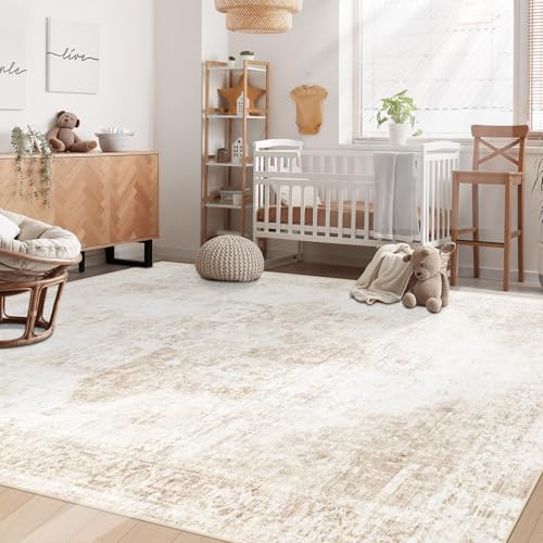 Washable 6x9 Area Rug Beige Vintage Boho Medallion Non-Slip Soft Low Pile for Living Room