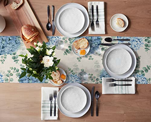 Farmhouse Table Runner 13x72 Linen Look with Eucalyptus Blue Hydrangea