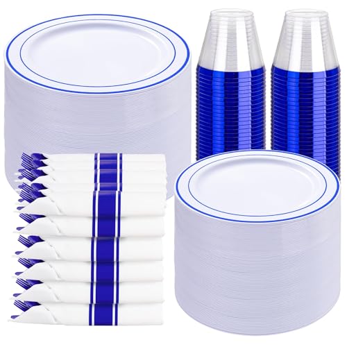 Blue Plastic Dinnerware Set for 50 Guests - 350 Pieces, Includes Plates Cups Utensils Napkins - Variation of THIS listing