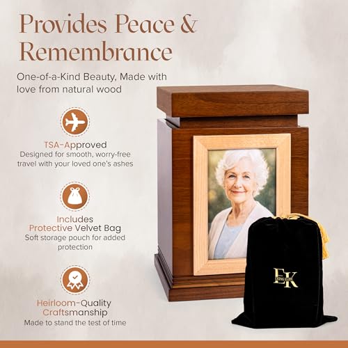 Wooden Ashes Keepsake Urn with Photo Frame - Large Walnut Adult Memorial - 6.5x6.5x11 Inches