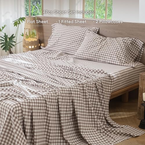 Gingham Sheet Set Queen - Classic Brown 100% Washed Cotton Deep Pocket, Lived-in Feel