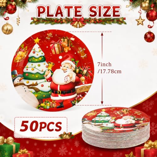 PUEVENYI Merry Christmas Paper Plates 7 Inch - Winter Holiday Disposable Tableware Set, 50 Count
