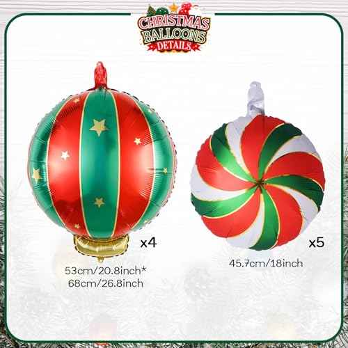 Christmas Foil Balloons, 9PCS Xmas Round Candy Lollipop Foil Balloons and Christmas Hanging Ball Mylar Balloons, Red Green Gold Xmas Sweetland Decorations for New Year Candies Party Decor