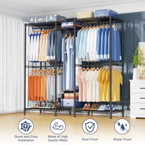Ulif E12 Heavy Duty Black Clothes Rack with Shelves - 86Lbs Capacity, Adjustable, Freestanding Garment Organizer