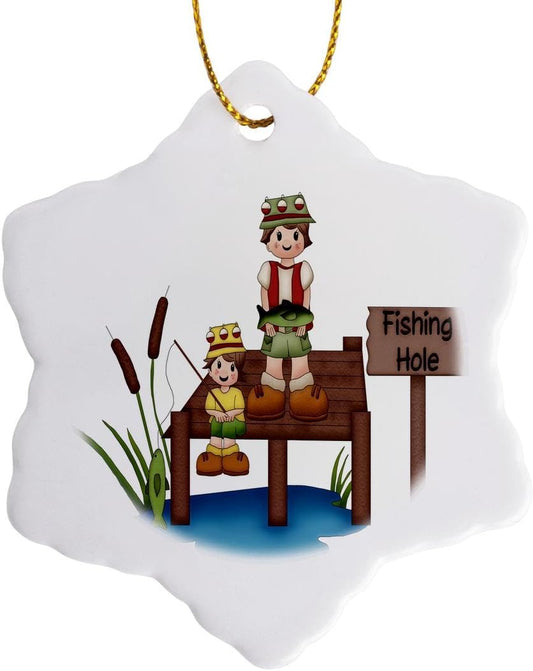 3DRose Dad & Son Fishing Snowflake Ornament - 3-Inch Porcelain Holiday Decor