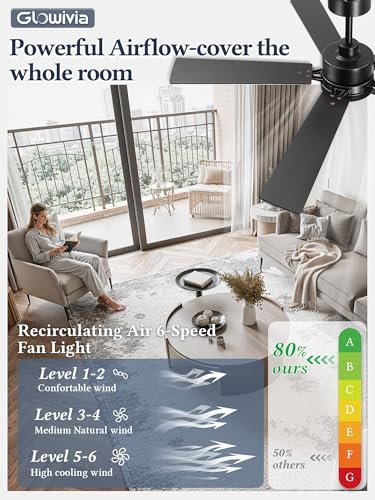 Glowivia 52 Inch Black Ceiling Fan with Lights, Remote & App Control, DC Motor