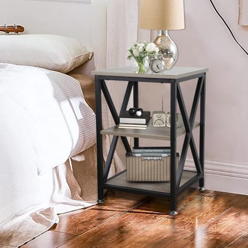 Set of 2 End Tables for Living Room - 16 x 16 x 24 Inches with Storage Shelf, Farmhouse Style, X-Shaped Night Stands