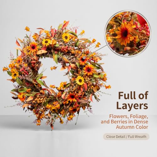24 Inch Fall Wreath with Sunflowers Berries & Leaves - Autumn Harvest Door Decor