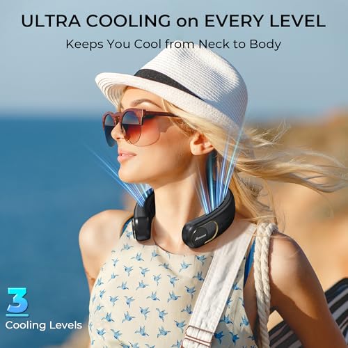 Portable Neck Fan with Ice Cooling Plate - 3 Speed Hands-Free Personal Cooler, 5000mAh Battery, Black