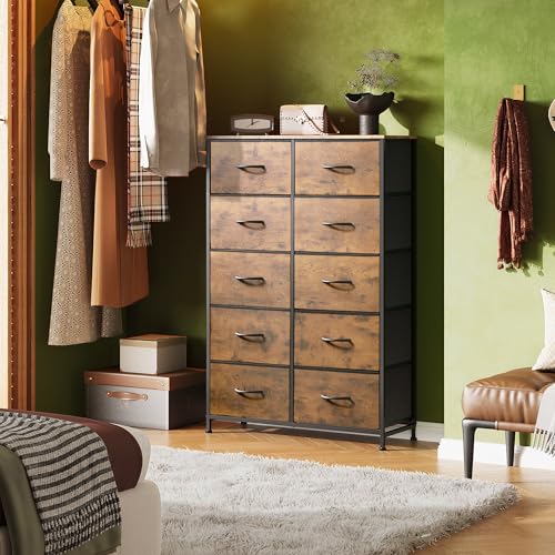 WLIVE Tall Dresser for Bedroom Rustic Brown Wood Grain Finish, 10 Drawers