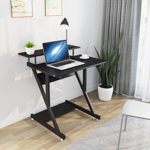 Dripex Small Computer Desk Black - 3 Tier Space Saving Desk with Monitor Shelf