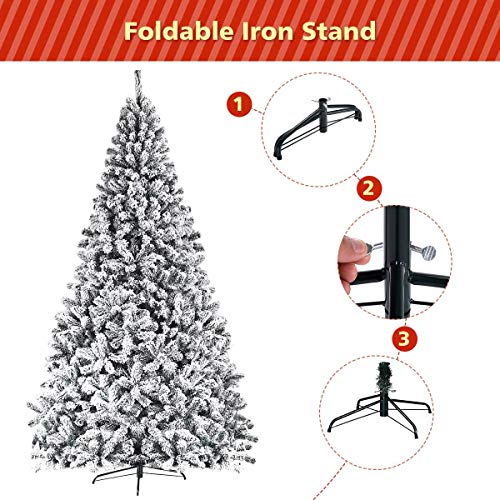 7.5FT Artificial Snow Christmas Tree with Hinged Branches & Metal Stand - Indoor Outdoor Holiday Decor