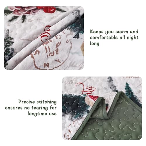 King Size Christmas Quilt Set White by Dobuyly — 110 x 90 Quilt + 2 Sham Shams, Xmas Tree Reindeer Decor