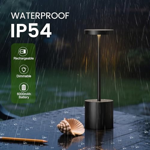 2 Pack Rechargeable LED Table Lamps - Portable Cordless Dimmable Light for Indoor & Outdoor Use - Black