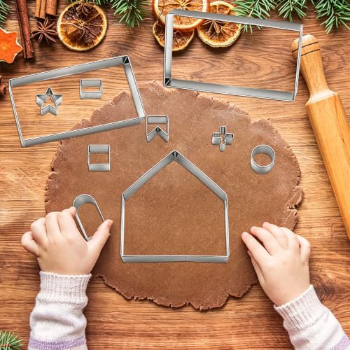 SINGARE 10Pcs 3D Gingerbread House Cookie Cutters Set – Stainless Steel, Includes Front/Back Walls, Roof, Doors & Windows