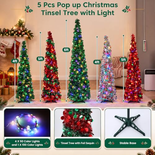VioraWhite 5-Pcs Red & Green 4/5/6 ft Pop-Up Christmas Pencil Tree with 300 LED Lights