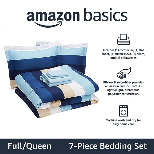 Amazon Basics Full/Queen Blue Stripe Comforter Set with Sheets - 7-Piece Bed-in-a-Bag, Microfiber Bedding