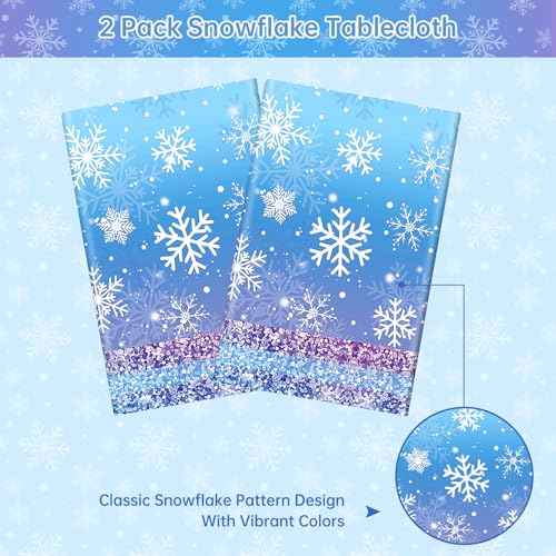 2 Pcs Winter Snowflake Tablecloth Plastic - Disposable Frozen Table Cloth, Purple Blue Rectangle Winter Wonderland Table Cover for Christmas Winte Holiday Tables Decor Party Supplies Favors,54x108Inch
