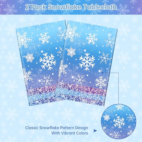 Frozen Winter Snowflake Tablecloths 2 Pack - Disposable Purple & Blue Holiday Cover, 54x108 Inches