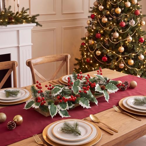 Qunclay Holly Christmas Candle Holder Set - 4 Wreaths & Glass Tea Light Holders