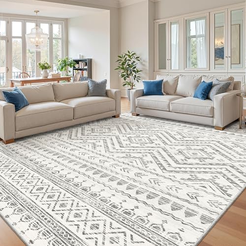 9x12 Washable Non-Slip Moroccan Area Rug - Grey, Living Room Decor