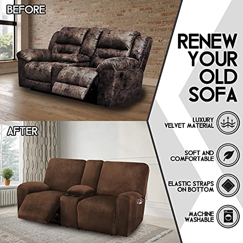 ULTICOR Velvet Reclining Love Seat Cover with Middle Console - Chocolate, 8-Piece Slipcover for 2 Seater Sofas