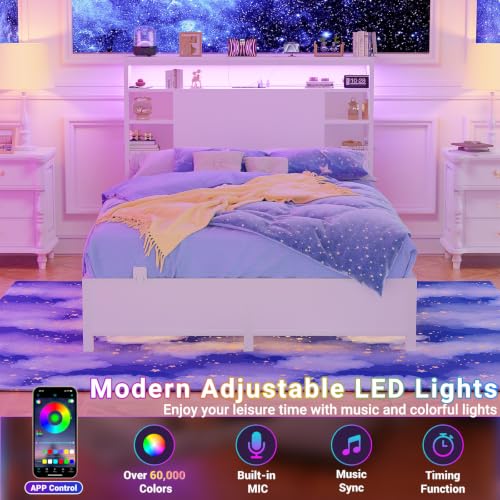 Twin Headboard with Storage & RGB LED Lights, Power Outlets, White