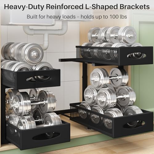 Black Under Sink Organizer 2-Tier Pull-Out Cabinet Baskets with Mesh Drawers - Adjustable & Durable