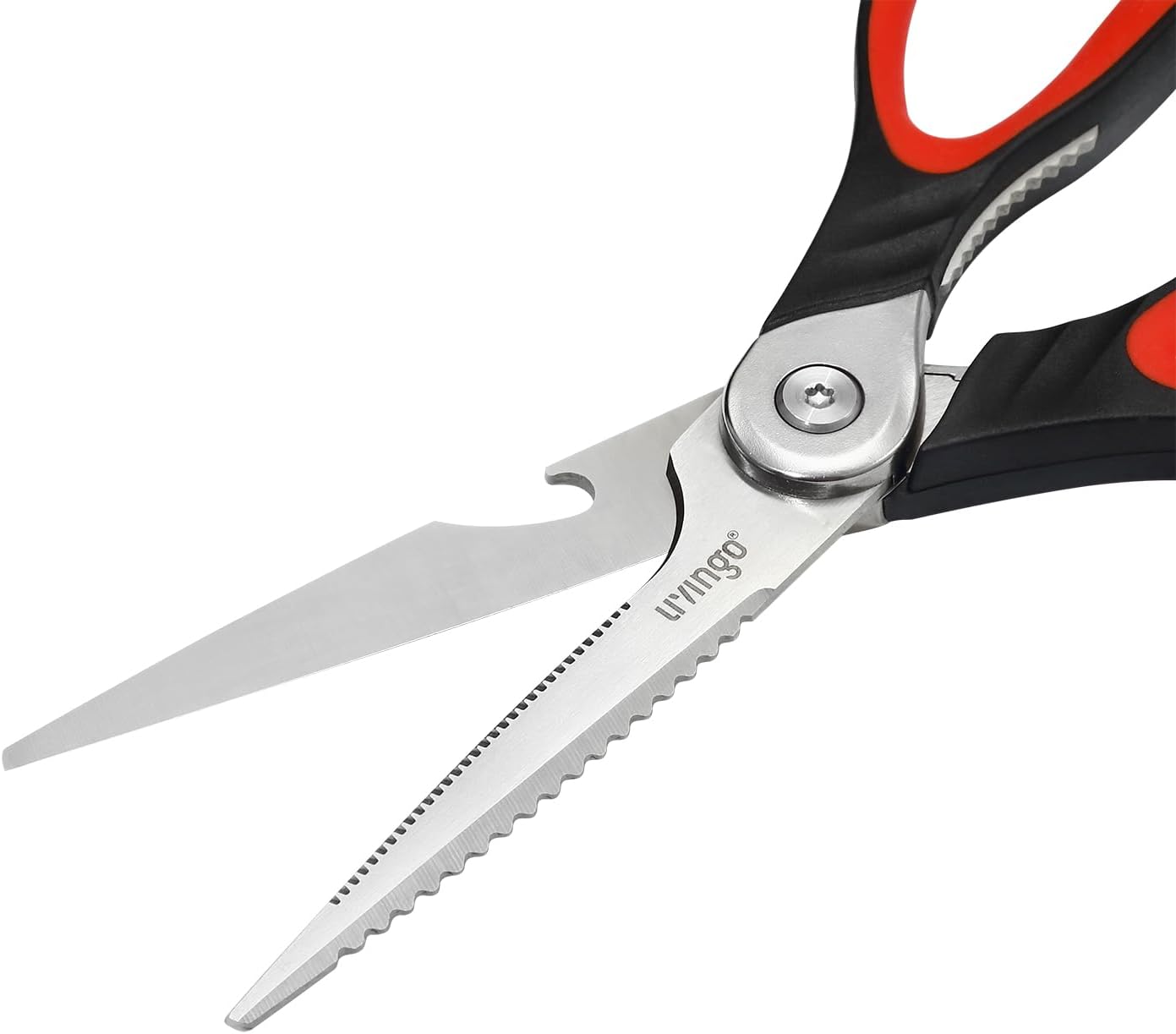 LIVINGO Heavy Duty Kitchen Scissors - Multi-Purpose Food Shears with Serrated Blades | Black & Red Handle