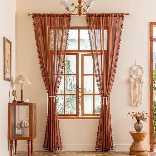 Z-Tassel Terracotta Boho Burnt Orange Curtains 50"x84" Set of 2 - Light Filtering Semi Sheer Farmhouse Style