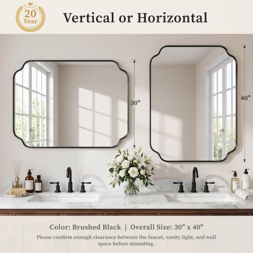 40x30 Inch Bathroom Wall Mirror with Scalloped Frame - Black, HD Shatterproof Glass