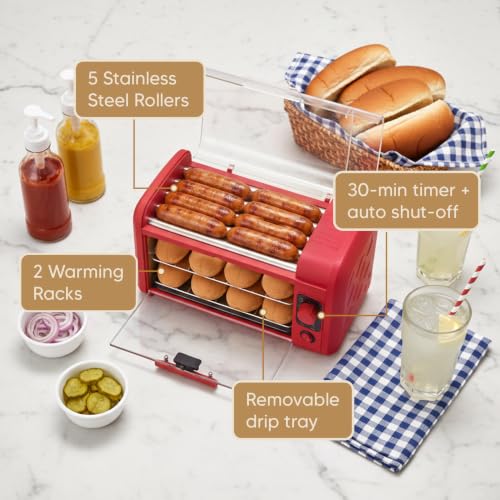 Elite Gourmet 8 Hot Dog Roller & Toaster Oven with Auto Shut-Off, Red