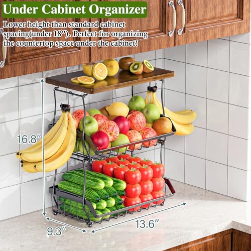 OKZEST 3-Tier Under-Cabinet Fruit Basket with Wood Top, Black, 16.8"H