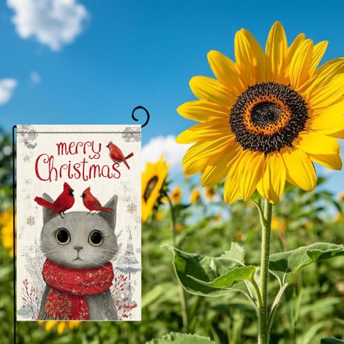 Cmialusie Colorful Christmas Garden Flag 11.81 x 17.72 inch Gray Cat & Red Cardinals Holiday Yard Decor
