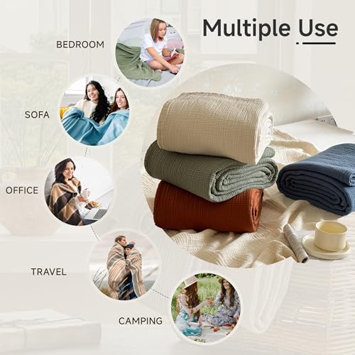 Cotton Muslin Blanket Queen Size Reversible 4-Layer Gauze Bedspread for All-Season Comfort - Rust Orange