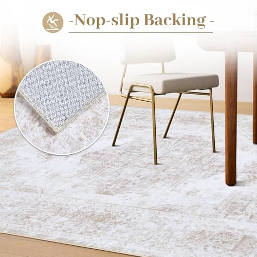 6x9 Beige Vintage Distressed Area Rug - Machine Washable Non-Slip Living Room Carpet