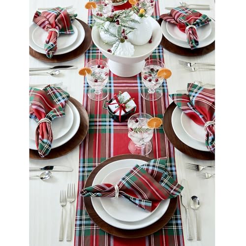 Solino Home 100% Linen Christmas Table Runner 14 x 132 Inches Red Madras Plaid