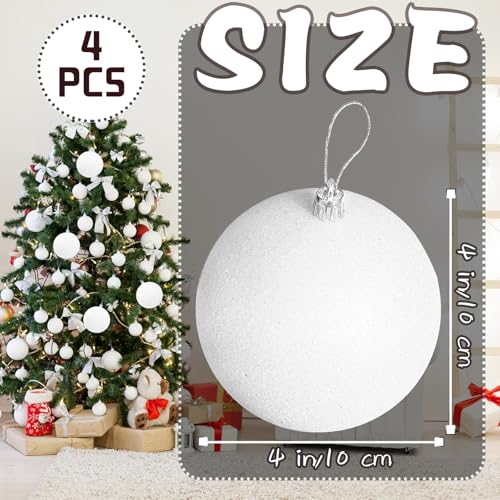 Large 4 in White Glitter Christmas Ornament Balls(4 Pcs),Xmas Sequin Christmas Ball,White Sparkly Hanging Ball Ornament for Tree Home Wedding Party Decor,Winter Theme Tree Decoration