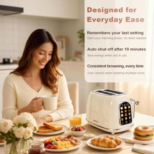 Mecity Cream 2-Slice Retro Touch Screen Toaster with Wide Slots & Multiple Settings