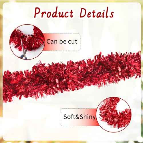 33Ft Red Christmas Tinsel Garland,Shiny Metallic Tinsel Twist Hanging Garland for Xmas Tree Wedding Home and Party Decoration