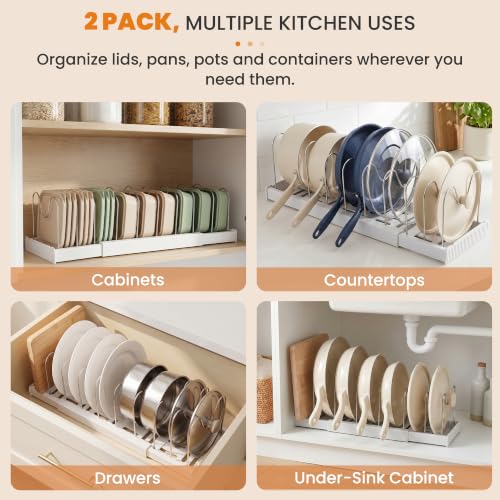 White Expandable Pot Lid Organizer with 10 Adjustable Stainless Steel Dividers - 2 Pack