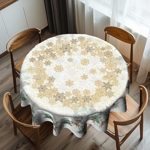 Imiss Winter Wonderland Reindeer Round Tablecloth 60in - Snowflake Pine Tree Christmas