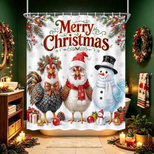 Christmas Shower Curtain 72x72 Inches, Cute Chicken Snowman Winter Holiday Decor, Red